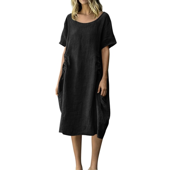 Dvprdro Crewneck Short Sleeve Side Drawstring Tie Hem Side Pockets Loose A Line Maxi Dress for Women 2026 Summer Beach Casual Solid