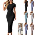 thumbnail image 1 of Dvprdro Crewneck Short Sleeve Slim Fit Bodycon Midi Dress for Women Ribbed Knit Pencil Dress Office Summer, 1 of 5