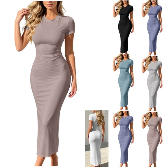 Dvprdro Crewneck Short Sleeve Slim Fit Bodycon Midi Dress for Women Ribbed Knit Pencil Dress Office Summer