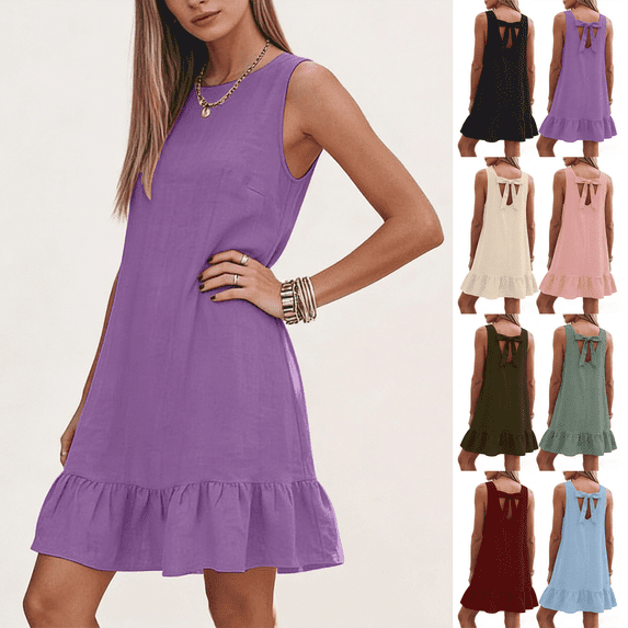 Dvprdro Crewneck Sleeveless Backless Bow Back Mini Dress for Women Loose Fit A Line Casual Summer Solid