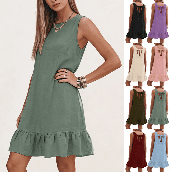Dvprdro Crewneck Sleeveless Backless Bow Back Mini Dress for Women Loose Fit A Line Casual Summer Solid