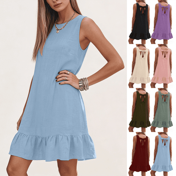 Dvprdro Crewneck Sleeveless Backless Bow Back Mini Dress for Women Loose Fit A Line Casual Summer Solid