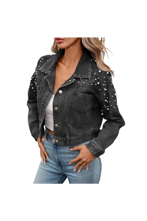 Cropped Denim Jacket for Women Pearl Embellishment Button Down Lapel Collar Long Sleeve Jean Coat