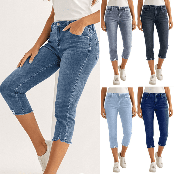 Dvprdro Denim Capri Pants for Women Stretchy Elastic Waist Slim Fit Side Pockets Summer Casual