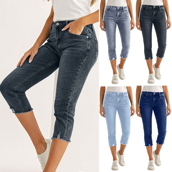 Dvprdro Denim Capri Pants for Women Stretchy Elastic Waist Slim Fit Side Pockets Summer Casual
