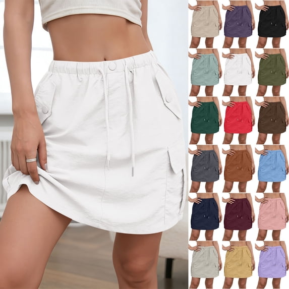 Dvprdro Drawstring High Waist Cargo Skirt for Women Multi Pockets Elastic Waistband Casual Mini Skirt Summer Vacation