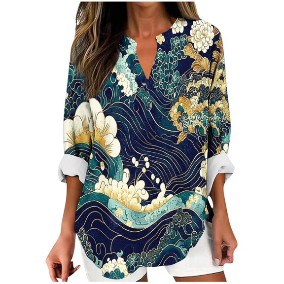 Dvprdro Fashion Floral Printed Blouse for Women Trendy Loose V Neck Dressy Shirt Plus Size Long Sleeve Flowy Boho Tops