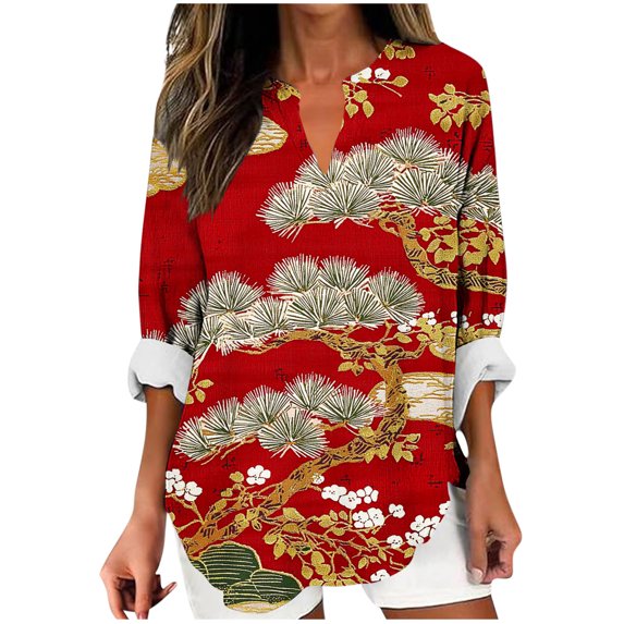 Dvprdro Fashion Floral Printed Blouse for Women Trendy Loose V Neck Dressy Shirt Plus Size Long Sleeve Flowy Boho Tops