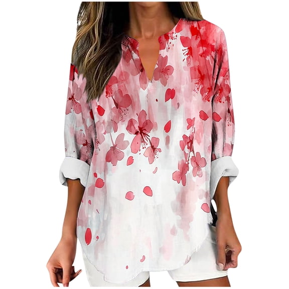 Dvprdro Fashion Floral Printed Blouse for Women Trendy Loose V Neck Dressy Shirt Plus Size Long Sleeve Flowy Boho Tops