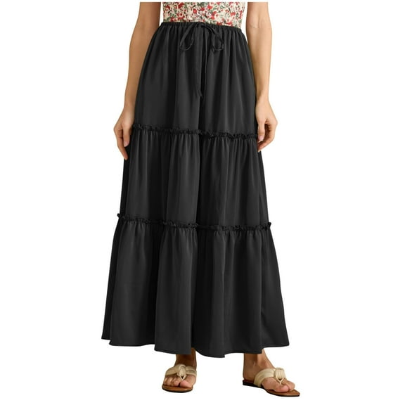 Dvprdro Fashion Long Maxi Beach Skirts for Women Summer Casual Solid Pleated Tiered Drawstring Elastic Waist Skirt with Pocket Black Sizes L