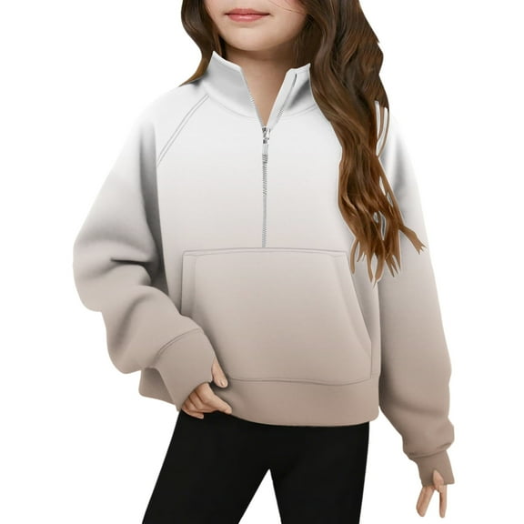 Dvprdro Girls Fashion Zip Crewneck Gradient Printed Sweatshirt Casual Comfortable Long Sleeve Pullover Sweatshirts Trendy Cute Color Blocking Blouse Tops Khaki 9 Years