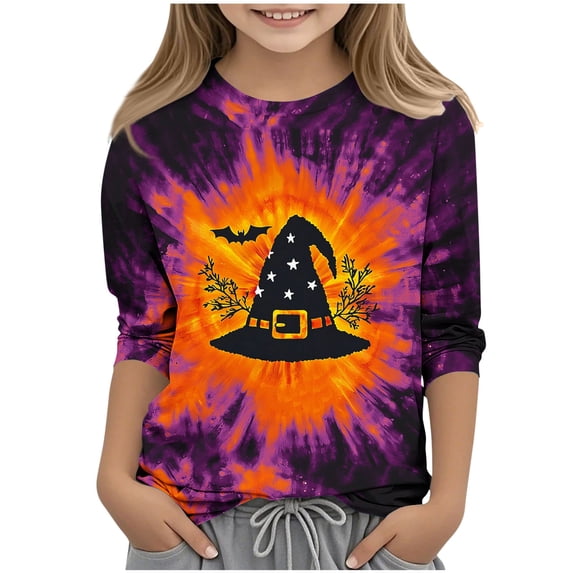Dvprdro Girls Halloween Print Crew Neck 3/4 Sleeve Tunic T-Shirt Vintage Casual Pullover Top Fall Holiday Daily Wear