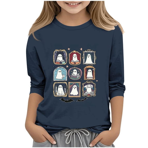 Dvprdro Girls Halloween Print Crew Neck 3/4 Sleeve Tunic T-Shirt Vintage Casual Pullover Top Fall Holiday Daily Wear