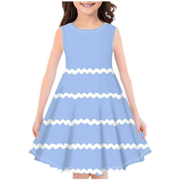 Dvprdro Girls Summer Casual Dresses Fashion Cute A Line Midi Dress Loose Fit Striped Print Round Neck Sleeveless Sundress Children's and Toddler Flowy Party Princess Dress