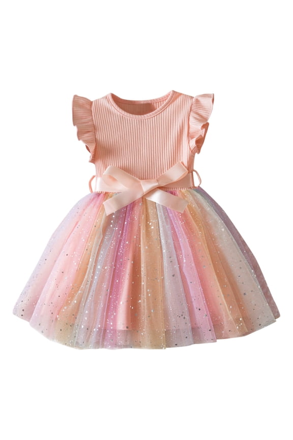 Girls Summer Dresses Round Neck Flutter Sleeve Rainbow Striped Fit-and-Flare Short Casual Dress