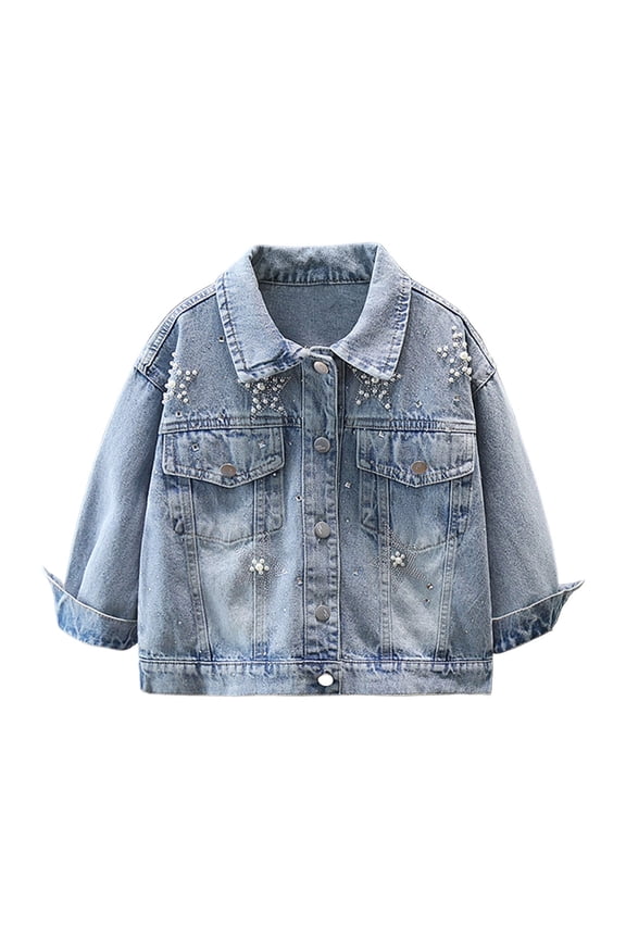 Girls Washed Denim Jacket Long Sleeve Lapel Button Down Casual Outerwear with Pearl Rhinestone Decor and Chest Pockets for Spring Autumn Daily Wear