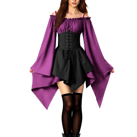 Dvprdro Gothic Renaissance Mini Dress for Women Long Sleeve Off Shoulder Bell Sleeve Patchwork Halloween Costumes Dresses