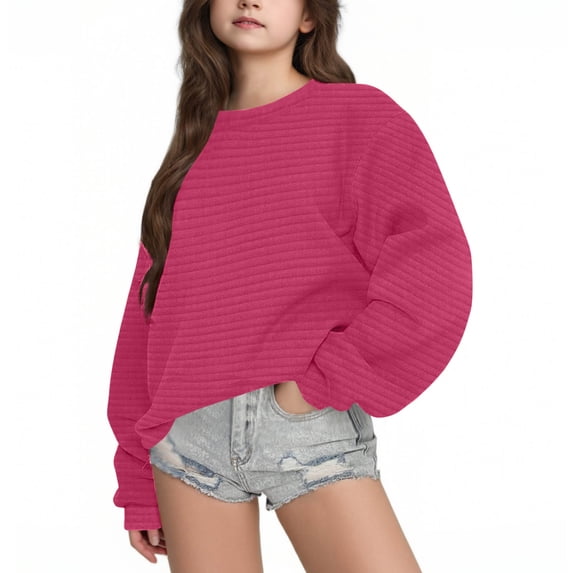 Dvprdro Grils Loose Fit Crewneck Sweatshirt Fall Fashion Solid Textured Knit Tops Kids Jacquard Pullover Blouse Shirts