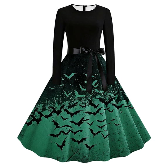 Dvprdro Halloween Dress for Women Long Sleeve Crewneck Printed A Line Swing Flared Midi Party Dresses