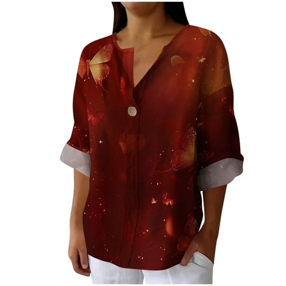 Dvprdro Large Size Faux Cotton Linen Long Sleeve Blouse for Women Button Floral Printing Colour V-Neck Shirt Fashion Loose Womens Tops