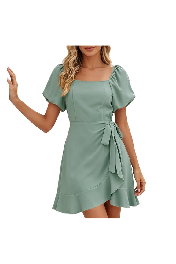 Lightweight Puff Sleeve Side Split Mini Dress Womens High Waist Ruffle Hem Smocked Loose Casual Summer