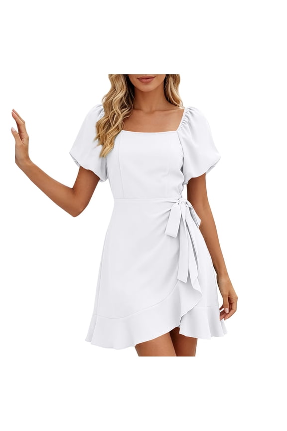 Lightweight Puff Sleeve Side Split Mini Dress Womens High Waist Ruffle Hem Smocked Loose Casual Summer
