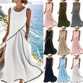 thumbnail image 1 of Dvprdro Lightweight Solid Cotton Linen Crewneck Sleeveless Shirred Waist Side Pockets Loose A Line Maxi Dress Womens Summer, 1 of 9