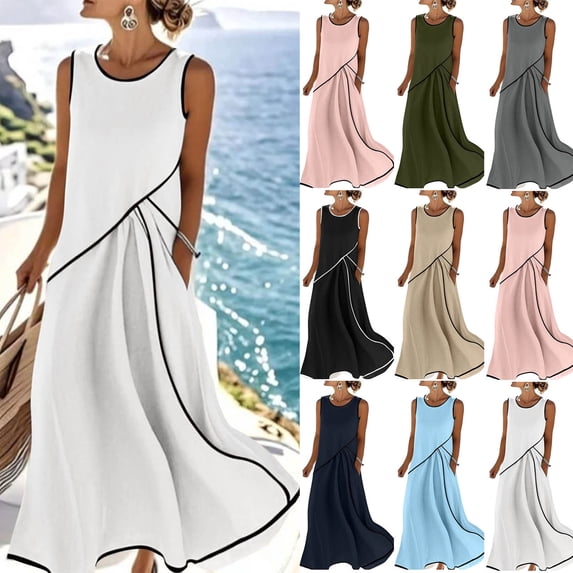 Dvprdro Lightweight Solid Cotton Linen Crewneck Sleeveless Shirred Waist Side Pockets Loose A Line Maxi Dress Womens Summer