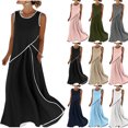 thumbnail image 1 of Dvprdro Lightweight Solid Cotton Linen Crewneck Sleeveless Shirred Waist Side Pockets Loose A Line Maxi Dress Womens Summer, 1 of 9