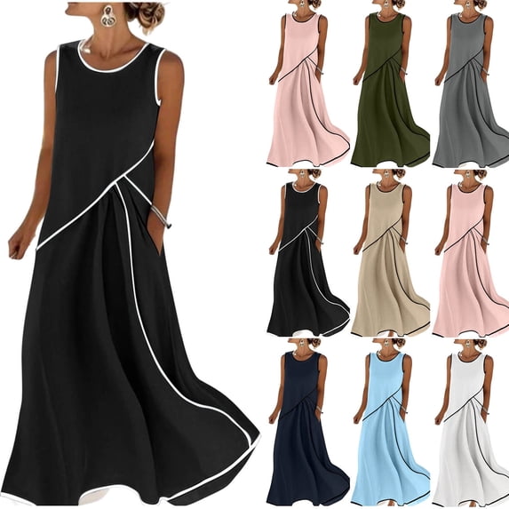 Dvprdro Lightweight Solid Cotton Linen Crewneck Sleeveless Shirred Waist Side Pockets Loose A Line Maxi Dress Womens Summer
