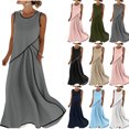 thumbnail image 1 of Dvprdro Lightweight Solid Cotton Linen Crewneck Sleeveless Shirred Waist Side Pockets Loose A Line Maxi Dress Womens Summer, 1 of 9