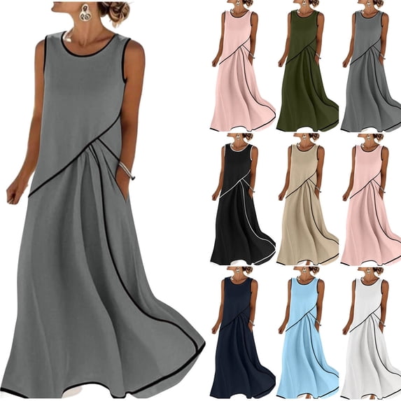 Dvprdro Lightweight Solid Cotton Linen Crewneck Sleeveless Shirred Waist Side Pockets Loose A Line Maxi Dress Womens Summer