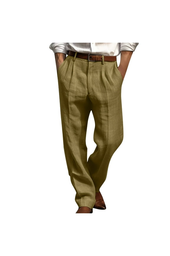 Linen Pants Men Straight Leg Pleated Dress Pants Suit Trousers Solid Office Work Loose Fit Trousers Black Size S-3XL