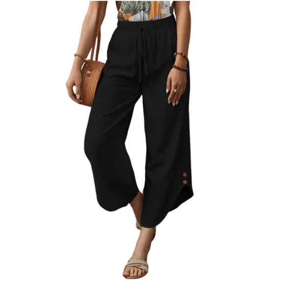 Dvprdro Loose Fit Capri Pants for Women Cotton Drawstring Elastic Waist Side Pockets Solid Summer Casual