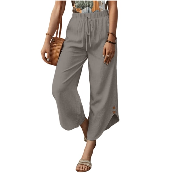 Dvprdro Loose Fit Capri Pants for Women Cotton Drawstring Elastic Waist Side Pockets Solid Summer Casual