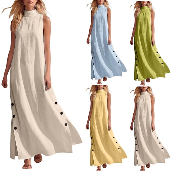 Dvprdro Mandarin Collar Sleeveless Button Front Side Slit Maxi Dress for Women Loose Fit A Line Summer Daily Solid