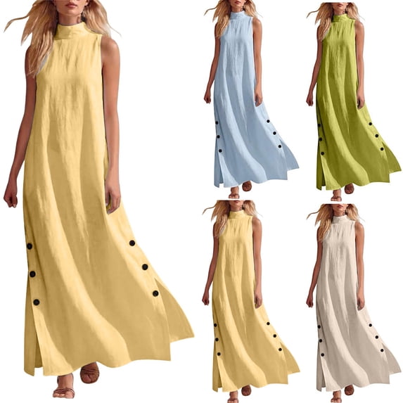Dvprdro Mandarin Collar Sleeveless Button Front Side Slit Maxi Dress for Women Loose Fit A Line Summer Daily Solid