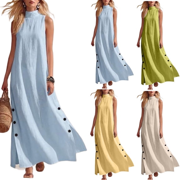 Dvprdro Mandarin Collar Sleeveless Button Front Side Slit Maxi Dress for Women Loose Fit A Line Summer Daily Solid