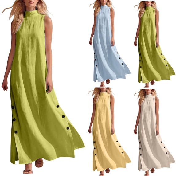 Dvprdro Mandarin Collar Sleeveless Button Front Side Slit Maxi Dress for Women Loose Fit A Line Summer Daily Solid