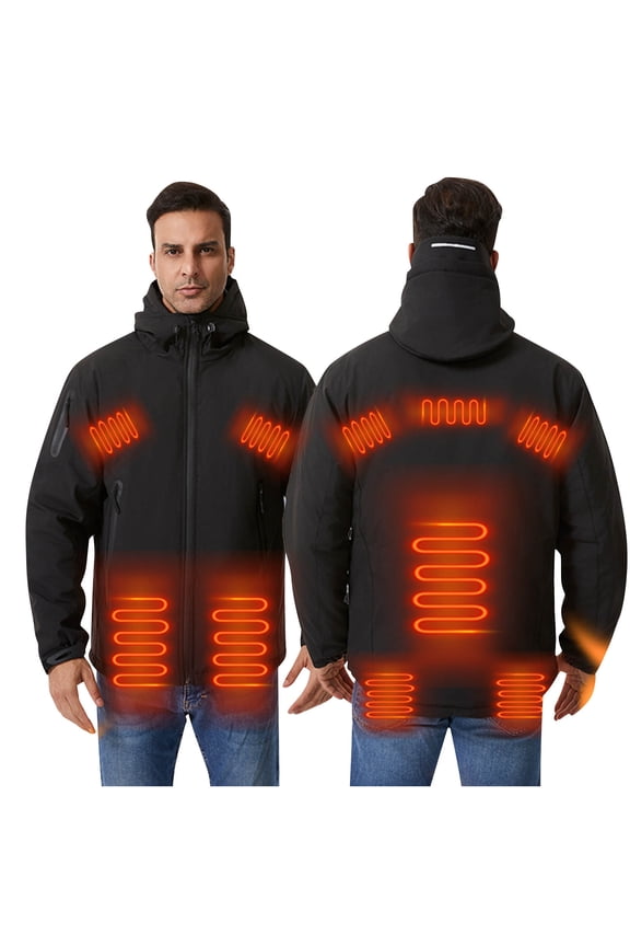 Men Solid Heated Hooded Soft Shell Jacket Long Sleeve Elastic Cuffs Multi Zip Pockets Windproof Water Resistant for Skiing Mountaineering Cold Outdoor Activities