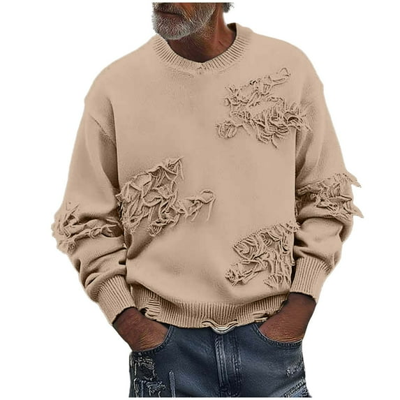 Dvprdro Men's Fashion Distressed Knit Sweater Fall Winter Solid Color Crewneck Long Sleeve Pullover Tops