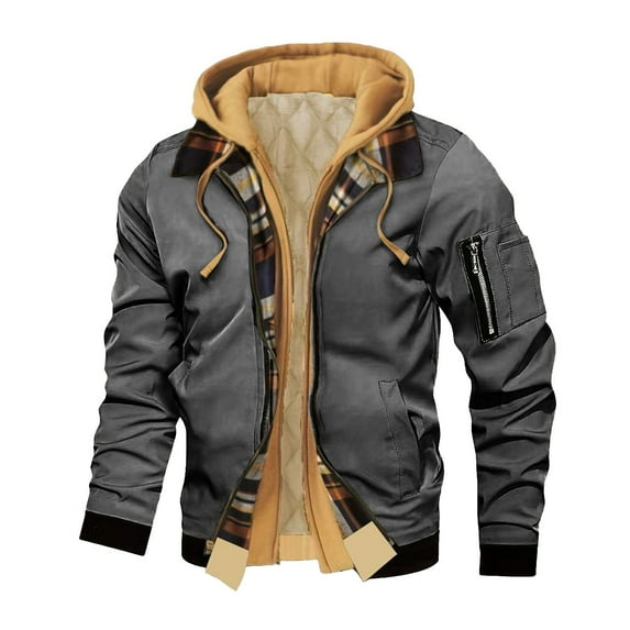 Dvprdro Men's Flannel-Lined Hooded Jacket with Pockets Warm Casual Workwear Flight Bomber Fall Winter Windbreaker Zip Up Coat