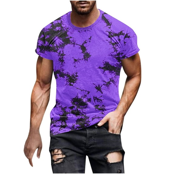Dvprdro Men's Tie Dye Short Sleeve T-shirts Fashion Trendy Crew Neck Pullover Tops Casual Gym Sport Workout Tee Purple XL