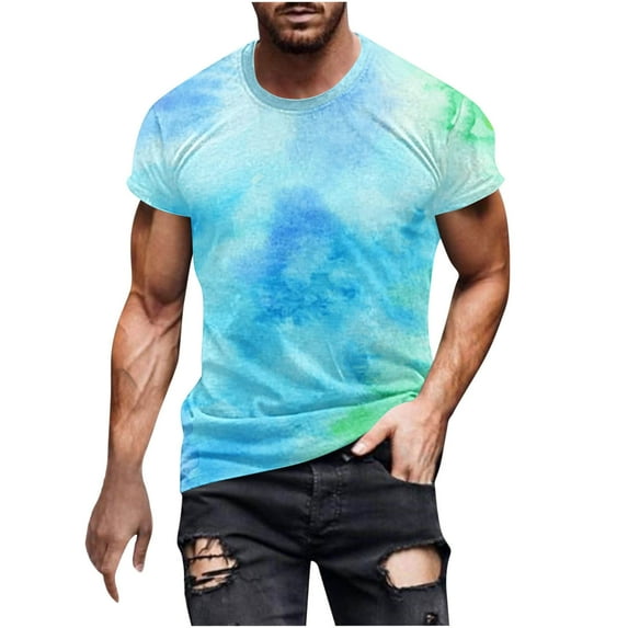 Dvprdro Men's Tie Dye Short Sleeve T-shirts Fashion Trendy Crew Neck Pullover Tops Casual Gym Sport Workout Tee Sky Blue M