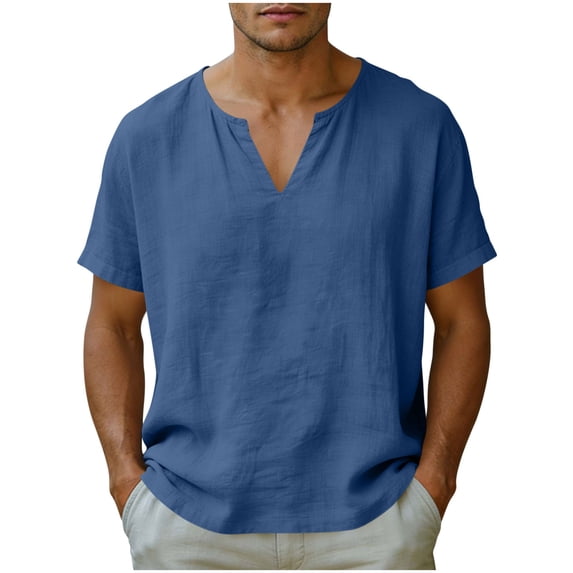 Dvprdro Mens Cotton Linen T Shirts V Neck Short Sleeve Solid Casual Beach Tops