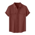 thumbnail image 1 of Dvprdro Mens Cotton Linen Casual Solid Shirts Classic Button Lapel Neck Short Sleeve Pullover Shirts Lightweight Work Tunic Blouse with Pockets Wine 5XL, 1 of 5