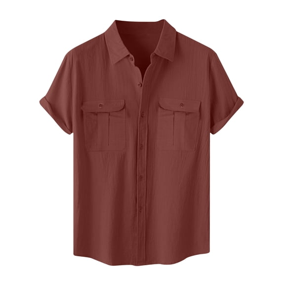 Dvprdro Mens Cotton Linen Casual Solid Shirts Classic Button Lapel Neck Short Sleeve Pullover Shirts Lightweight Work Tunic Blouse with Pockets Wine 5XL