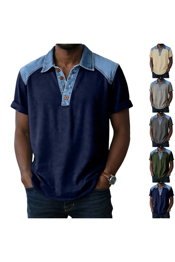 Mens Shirts Short Sleeve Button Front Patchwork Denim Loose Fit Casual Tops