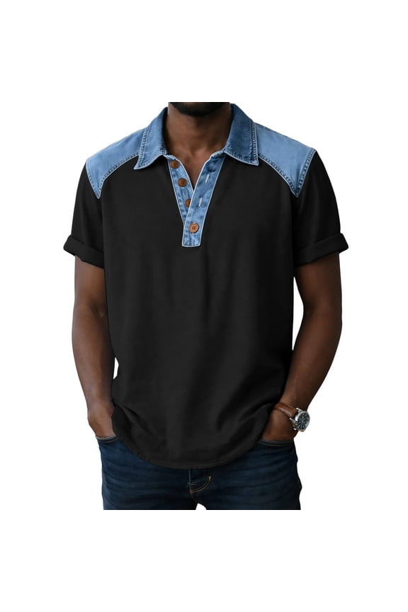 Mens Shirts Short Sleeve Button Front Patchwork Denim Loose Fit Casual Tops