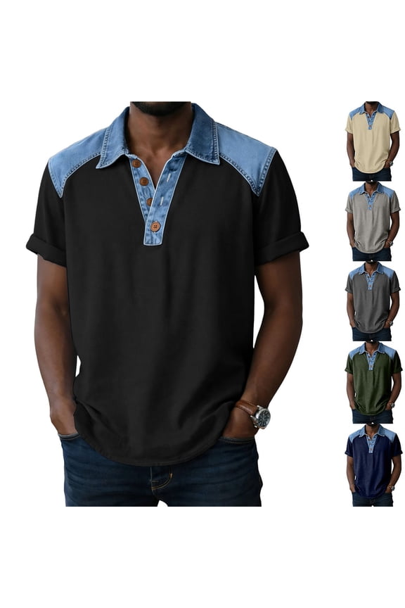 Mens Shirts Short Sleeve Button Front Patchwork Denim Loose Fit Casual Tops